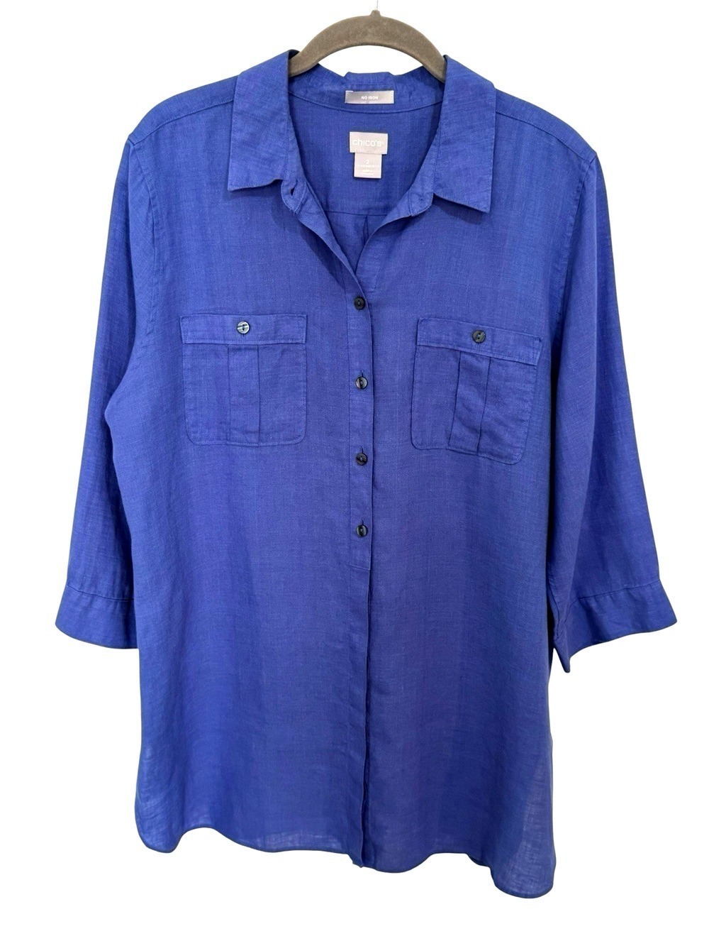Chico's No-Iron Linen Button Up Top Size L (2) Blue Lagenlook Quiet Luxury